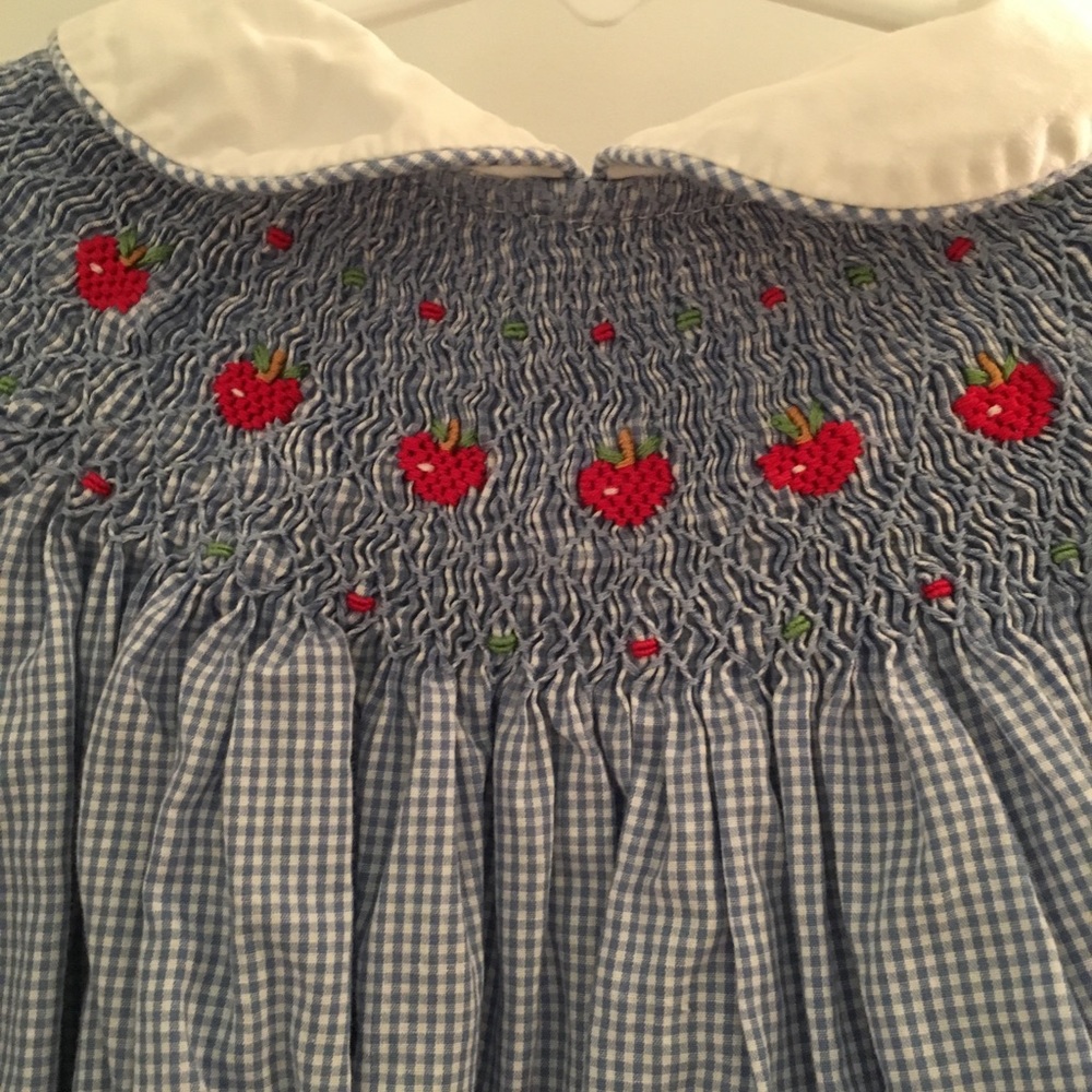 3T gingham long sleeve apple smocked dress